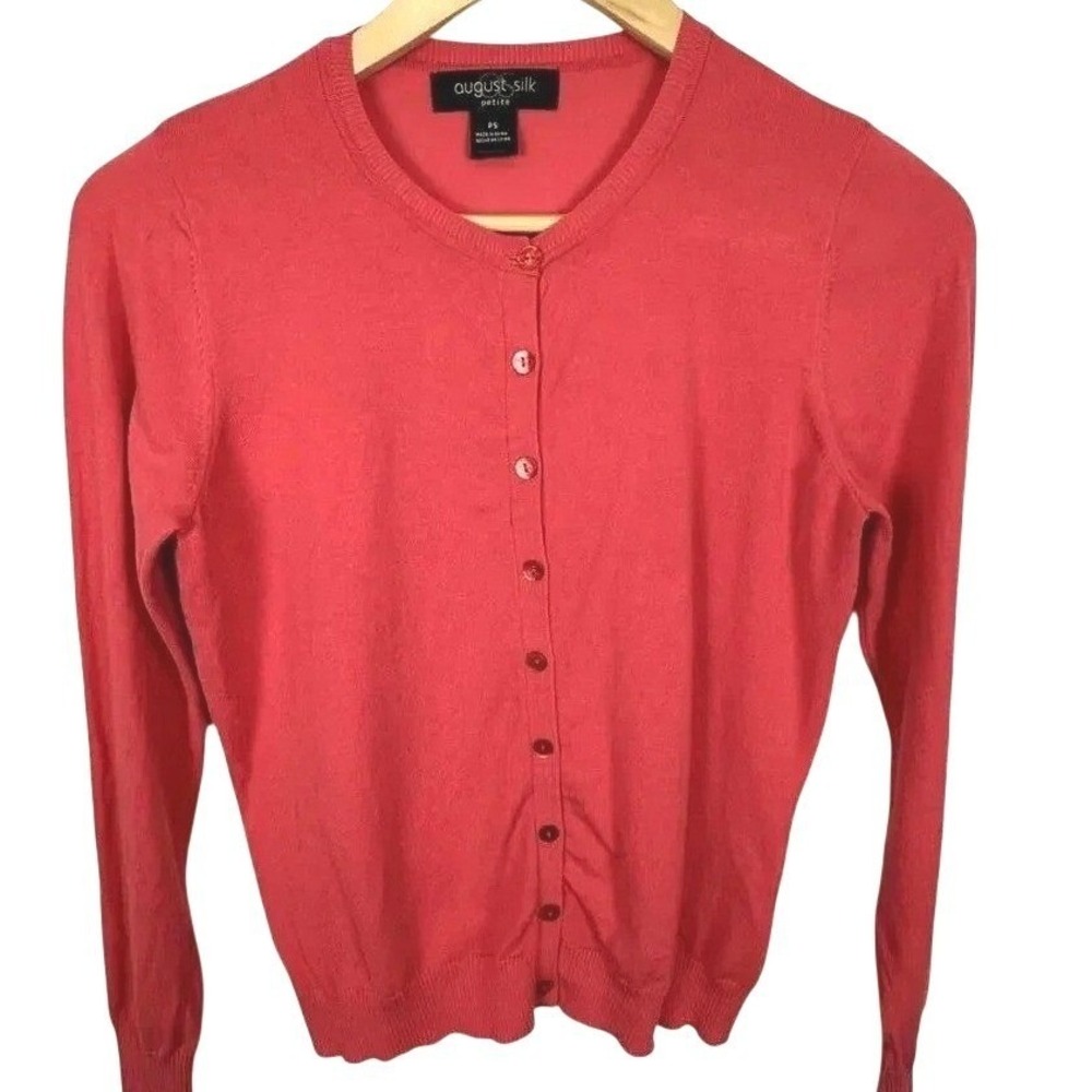 August Silk Coral Pink Silk Blend Crew Neck Cardigan Sweater Lightweight Lux S